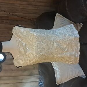 ONYX NITE Ivory Sequin Sheer Lined Crew Neck Top Size M